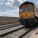 Ground level shot of class 66 locomotive awaiting departure from East Midlands Gateway