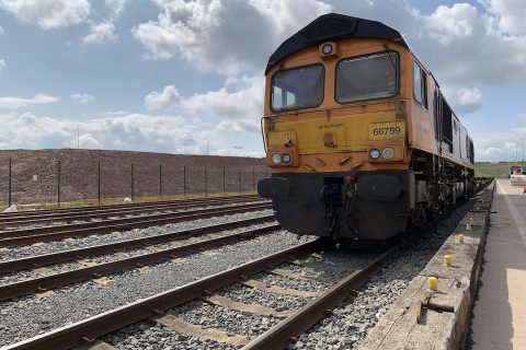 Ground level shot of class 66 locomotive awaiting departure from East Midlands Gateway