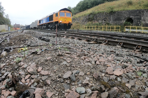 Ground level shot of Aggregates train at Dove Holes quarry