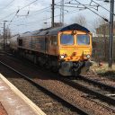 Locomotive hauling potash bulk train through Slateford station in Edinburgh