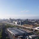 Artist's impression of Curzon Viaduct in Birmingham for HS2, with Birmingham city centre in background