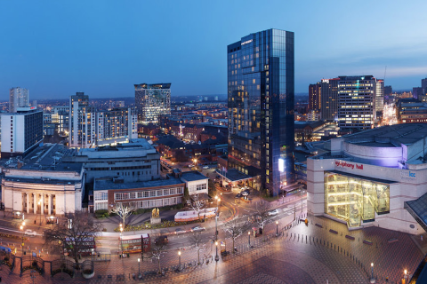 Birmingham city skyline at dusk