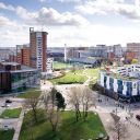 General vew of the campus at Aston University showing modern buildings and grounds