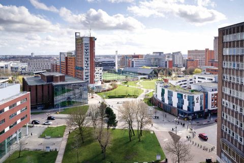 General vew of the campus at Aston University showing modern buildings and grounds