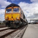 Train approaching viewed from ground level