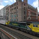 Freight train in industrial setting in Manchester