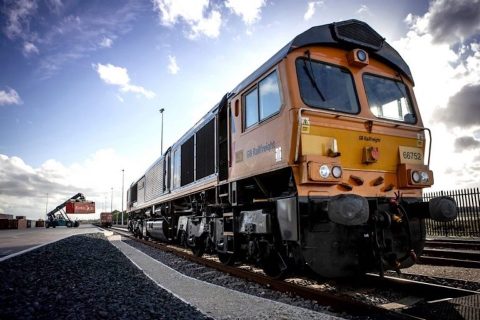 Class 66 locomotive at the head of an intermodal train at Felixstowe