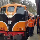 Irish locomotive and train workers on the platform at Waterford station in Ireland