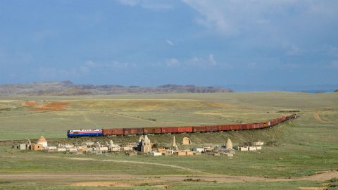 A freight train on transit through Kazakhstan. Photo: Wikimedia Commons