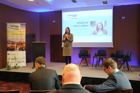 Majorie van Leijen speaks at RailFreight Summit 2019, source: RailFreight Summit