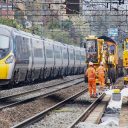 Express passenger train passing engineering works