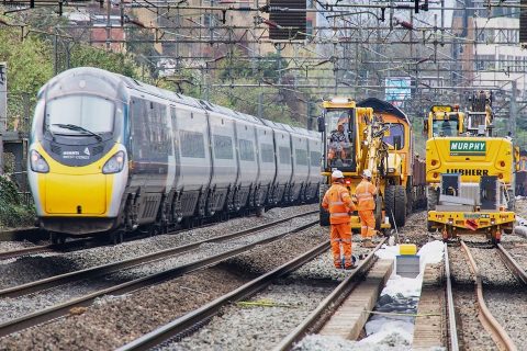 Express passenger train passing engineering works