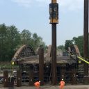 Nuneham Viaduct seen end on with cranes and engineers at work