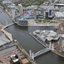 Sky view of MediaCityUK, in the former Industrail Salford Quays in Greater Manchester