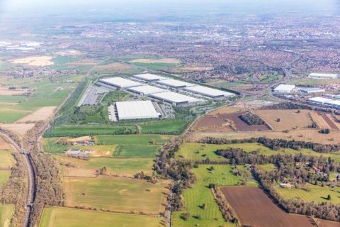 Aerial impression of the Northampton logistics park and rail freight terminal