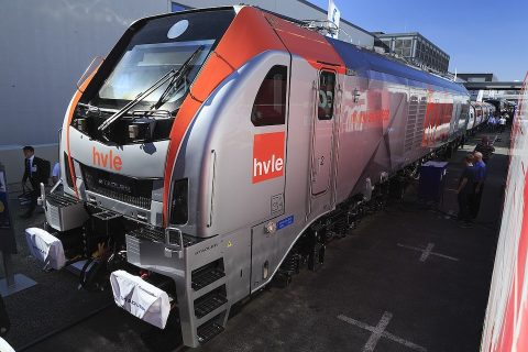 The prototype Euro Dual locomotive from Stadler on display at a trade show