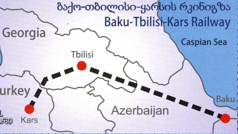 Stamp of Georgia with Baku-Tbilisi-Kars railway