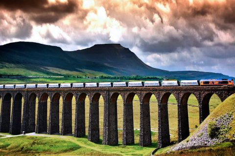 Train of Tarmac wagons crossing Ribblehead Viaduct