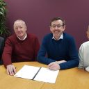 Image of WH David and VTG sign the deal, from left: Jonathan Hamer, Finance Director of WH Davis; Stewart Greenwood, MD of WH Davis; Nigel Day, Engineering Director, VTG Rail UK and Rob Brook, Head of VTG Rail UK at VTG's offices in Birmingham.