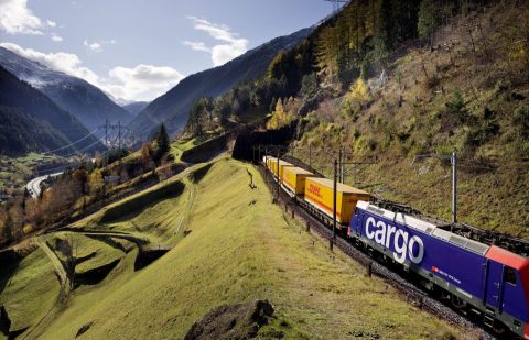 DHL Global rail train on a forested hillside