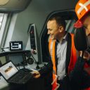 Driver and colleague in the cab of railway engine