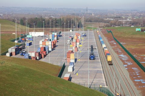 Aerial image of a rail freight terminal as imagined by Segro