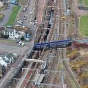 Aerial view of Carstairs Junction station with extensive engineering works in progress