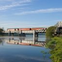 Freight train crosses a bridge in Wales