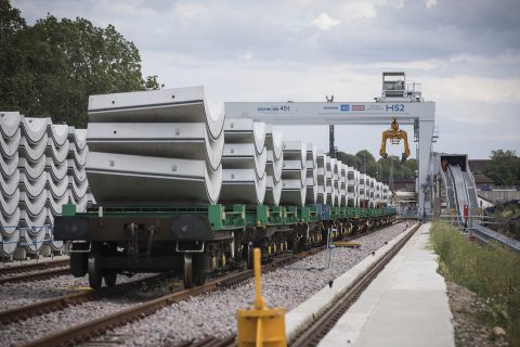 A train of tunnel ring segments delivered to HS2 at West Ruislip