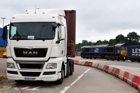 Truck and train at a rail terminal