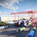 CGI generated general view of the proposed rail freight terminal at West Midlands Interchange, showing intermodal train and trucks with a red over crane in operation